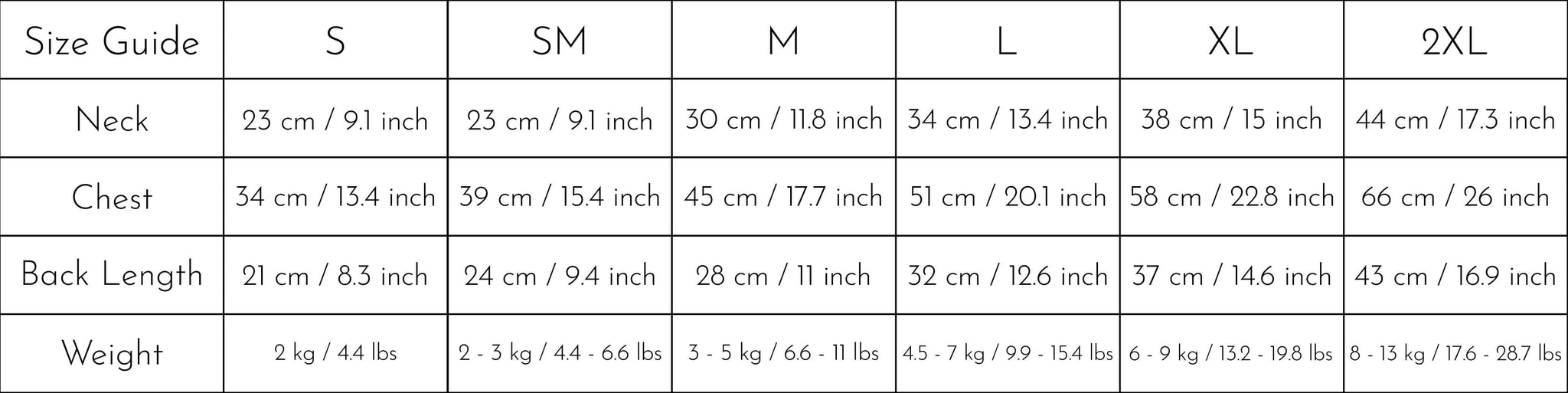 Size chart for comfort legs eco down jumpsuit.