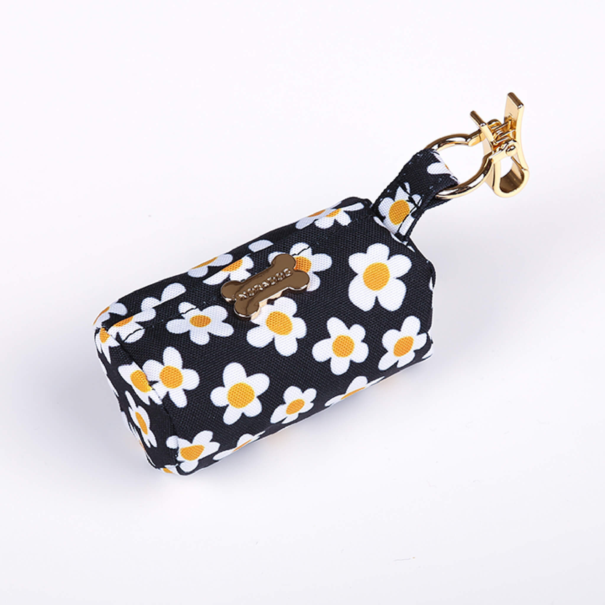 Poop bag holder with a daisy pattern.