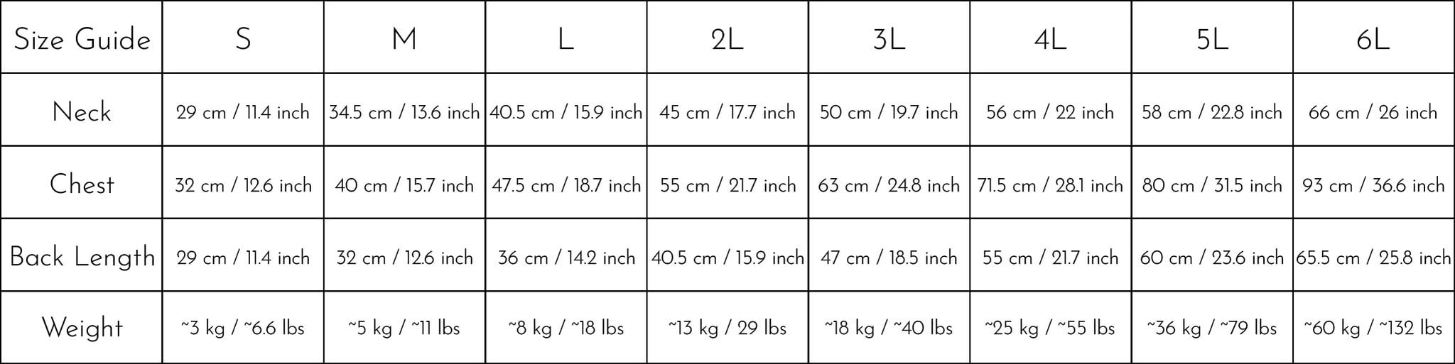 Size chart for rain coat.