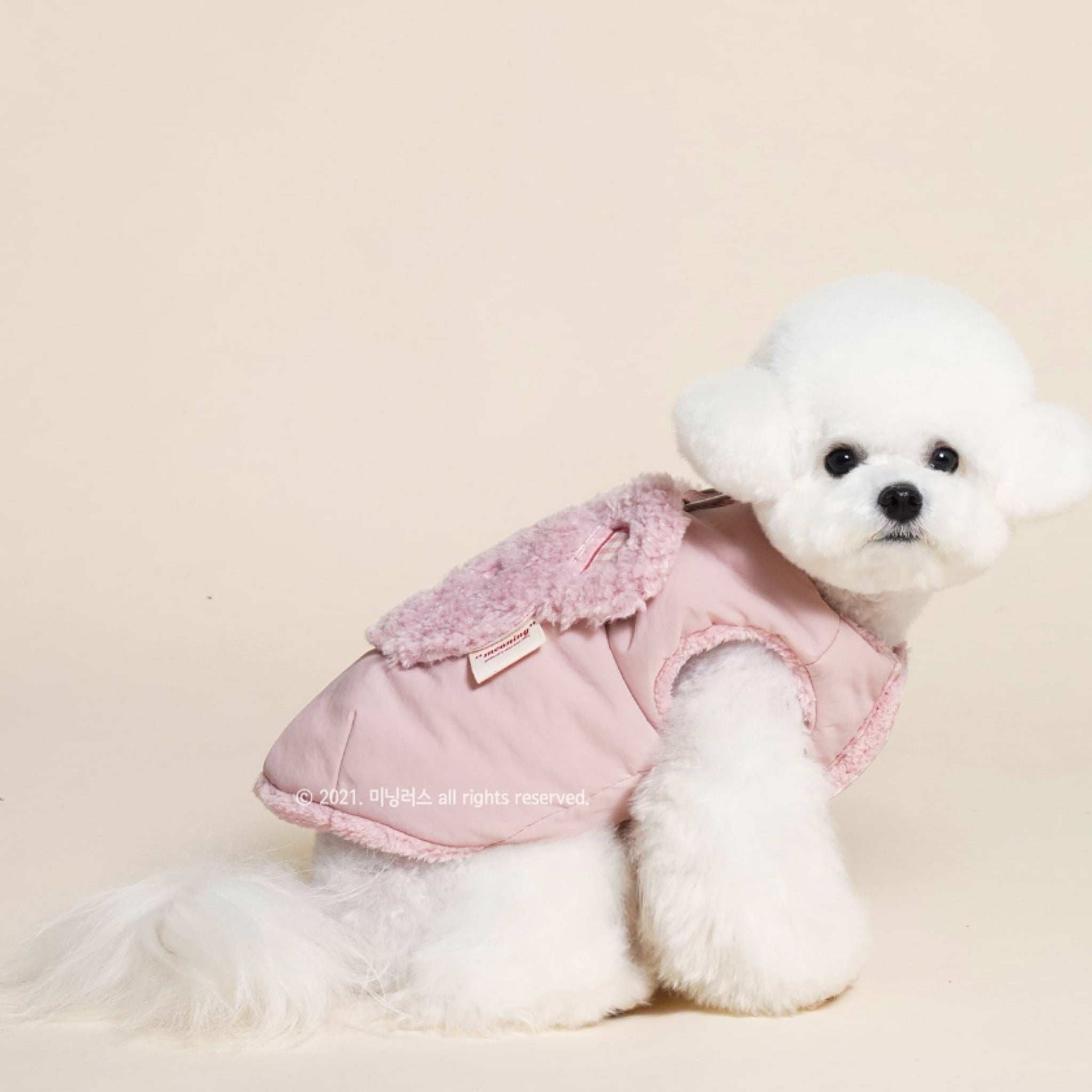 Side view of a dog wearing the gingham padded bear vest