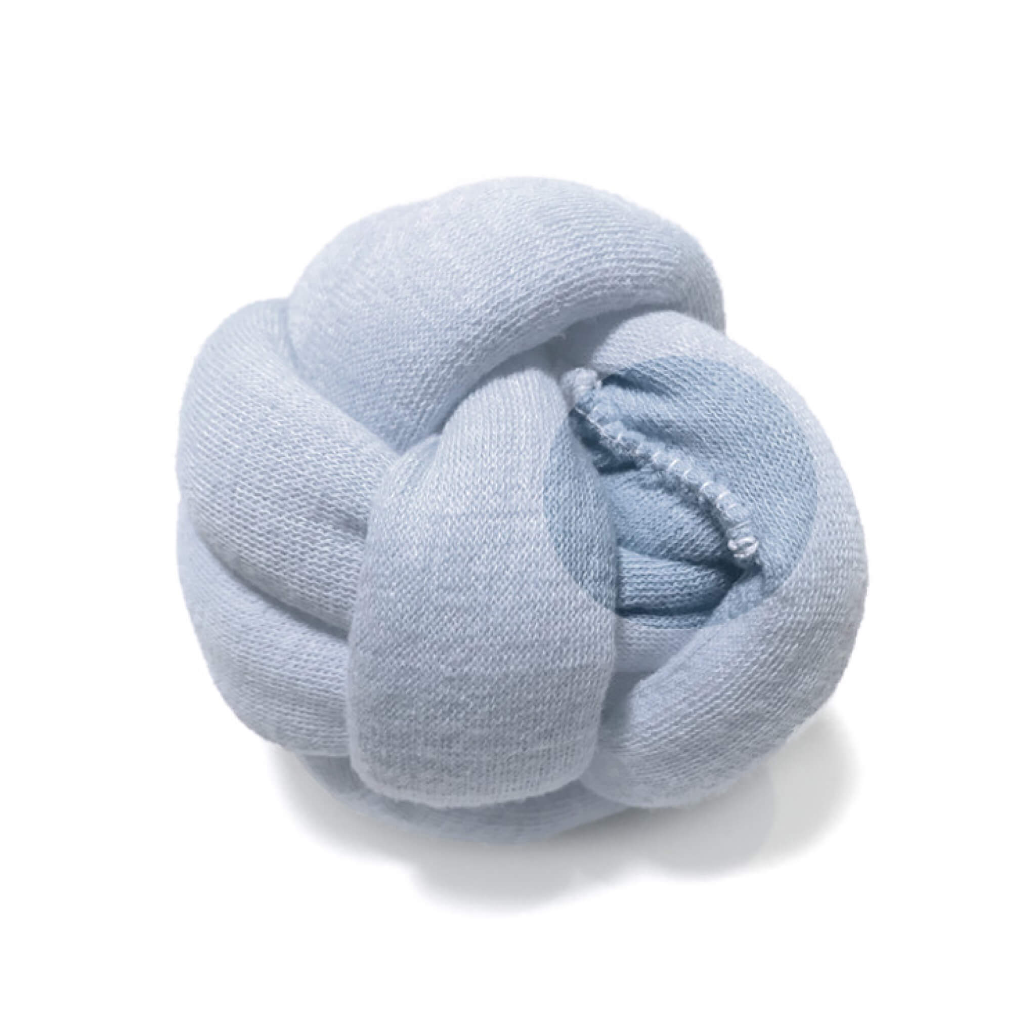 Stitching of blue knotted ball toy.