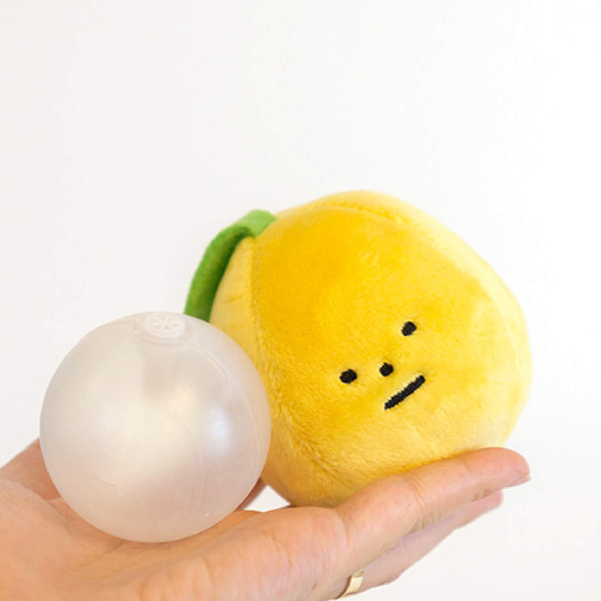 Squeaker inside both the lemon and apple toy.