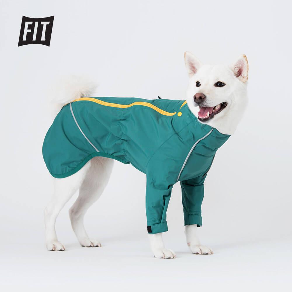 All weather protection jacket in green. Model is wearing a 2 & weighs 16 pounds (7.4 kg).