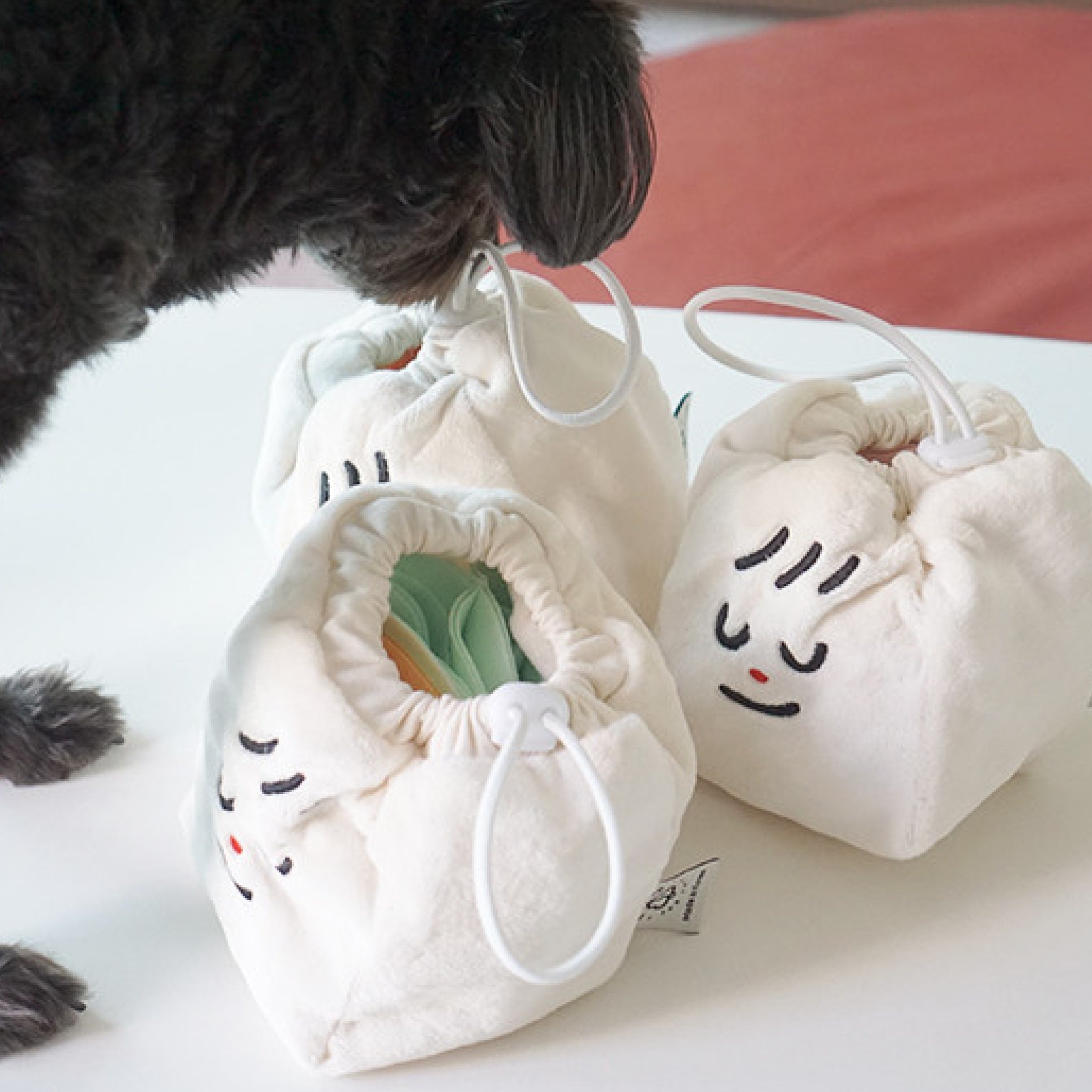 Dog with multiple dumpling pocket nosework toys