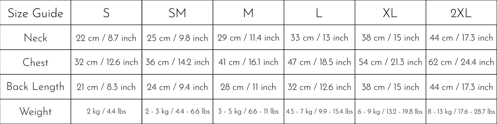 Size chart for zip up fleece