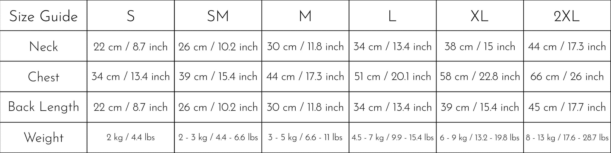 Size chart for eco down light vest