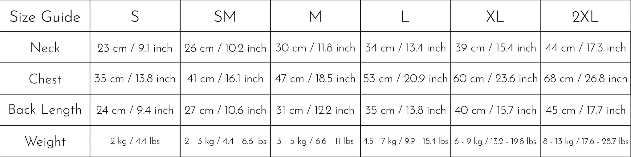 Size chart for eco down vest.