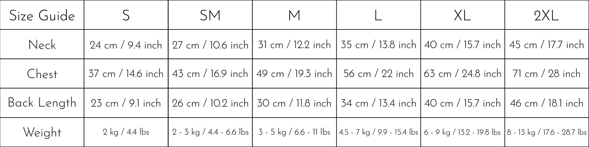 Size chart for waterproof quilting vest