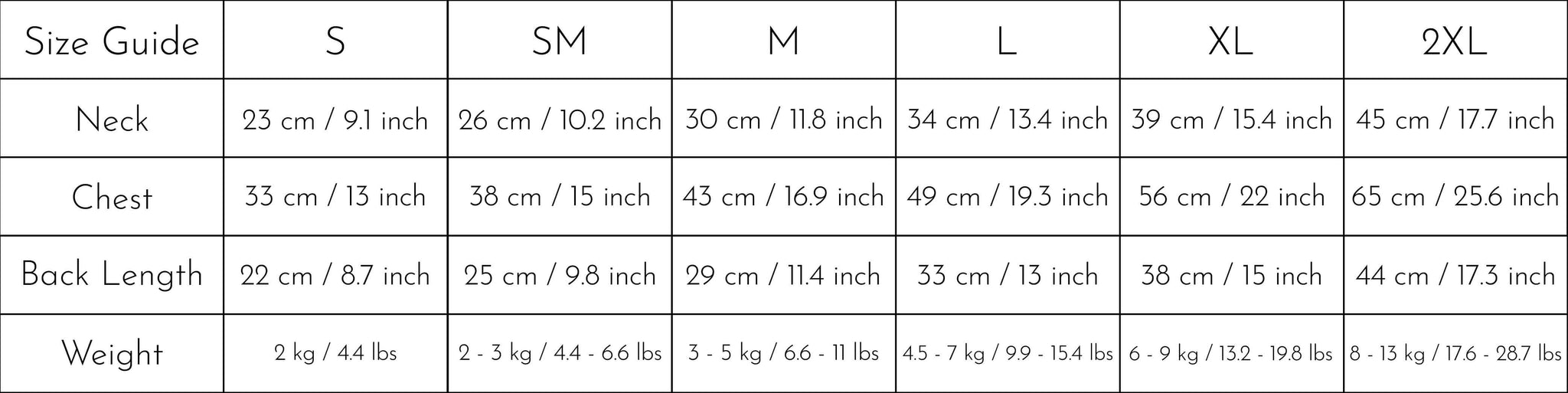 Size chart for sherpa fleece under guard vest