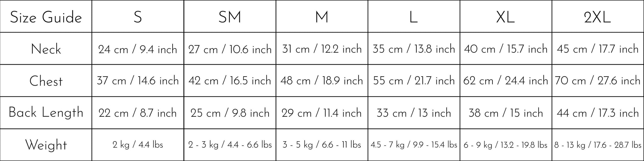 Size chart for reversible quilted padding vest