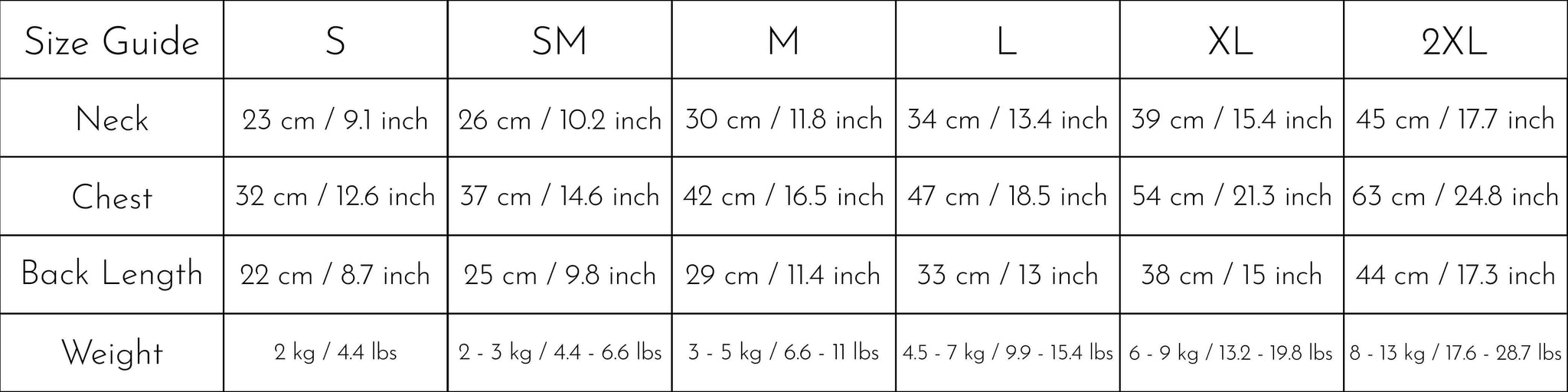 Size chart for fluffy zip up vest