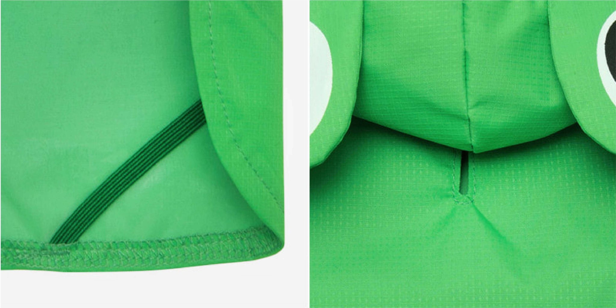 Elastic bands attached to the end of the coat to hold the hind legs. Hole for easy wear with harness and leash. 