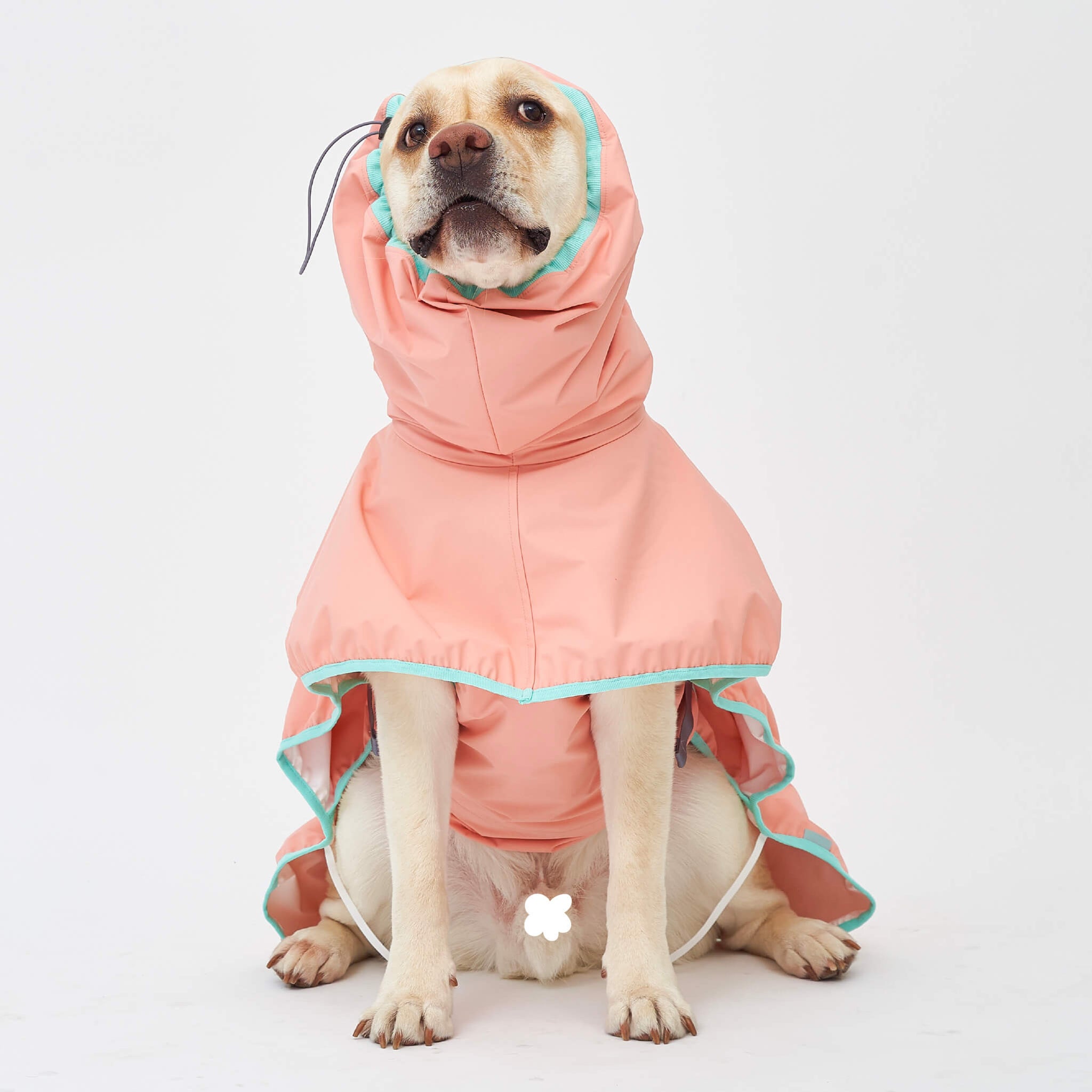 Rain coat in strawberry. Model is wearing a 6L.