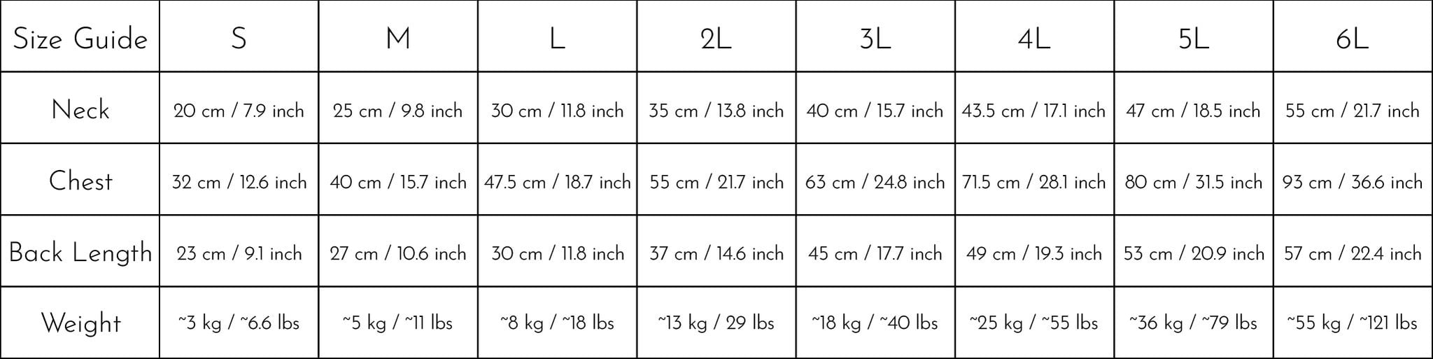 Size chart for nies pullover.