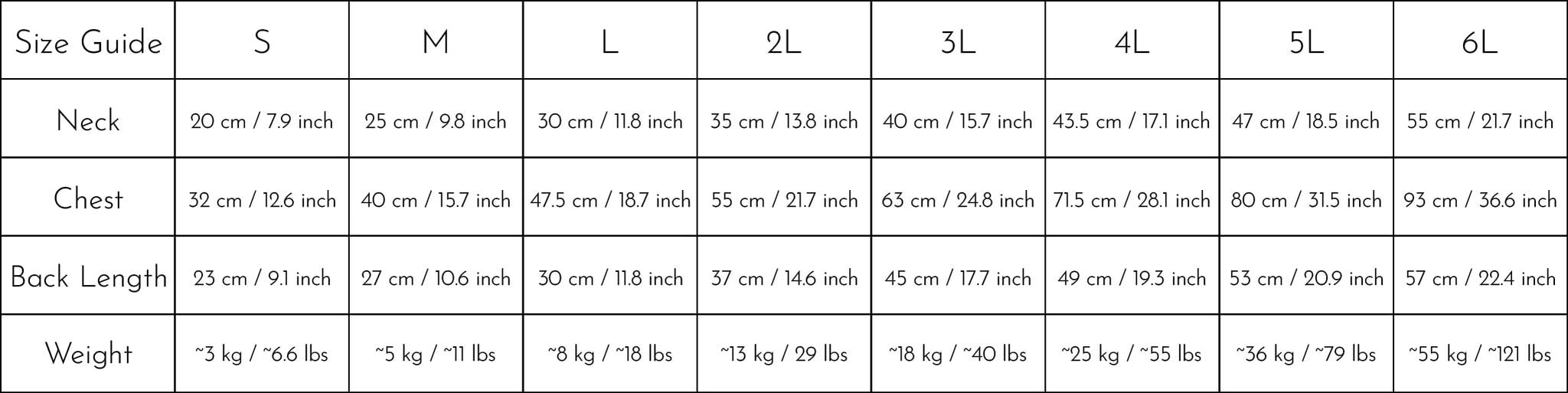 Size chart for DOKT cashmere knit.